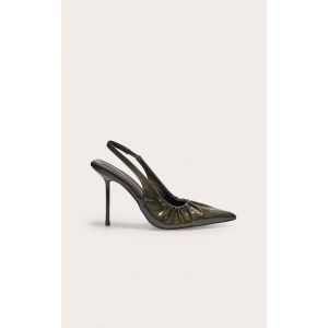 Escarpins pointus en PU crêpé vert olive froncé à talon aiguille haut et bride derrière, Vert Olive - Taille 41