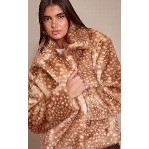 Femme Manteau court en fausse fourre marron imprim&eacute; cerf | Taille Small - Taille S