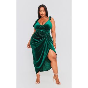 Plus Robe mi-longue en velours vert émeraude à détail drapé et armatures, Vert émeraude - Taille 46