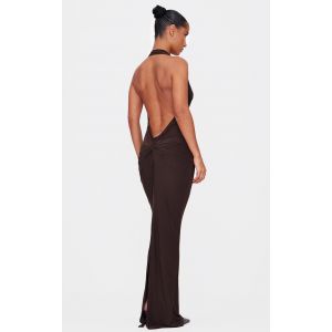 Femme Robe longue douce chocolat &agrave; col b&eacute;nitier et torsade derri&egrave;re | Taille 36 - Taille 36