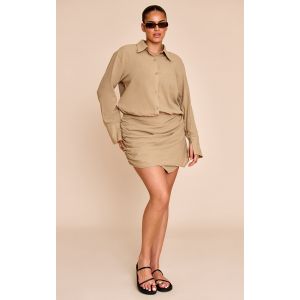 Femme Plus Combishort jupe-short style chemise en effet lin kaki à manches longues | Taille 44 - Taille 44