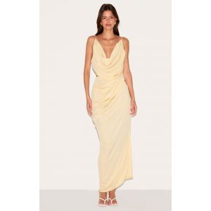 Robe longue en mousseline de soie jaune beurre à découpe drapée, Jaune Beurre - Taille 36
