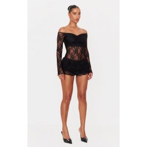Combishort jupe-short style tutu en dentelle noire à col bardot, Noir - Taille 36