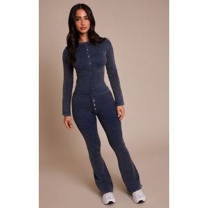 Femme Petite Legging flare côtelé bleu marine foncé à contours et boutons | Taille Small - Taille S
