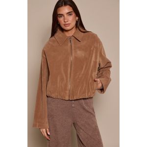 Femme Veste en su&eacute;dine marron clair &agrave; zip et ourlet fronc&eacute; | Taille XS - Taille XS