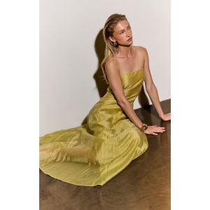 Robe bustier mi-longue en organza chartreuse pâle à godet, Chartreuse Pâle - Taille 40