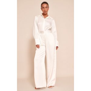 Femme Blanc Satiné Chemise Détail Jambes larges Jumpsuit | Taille 40 - Taille 40