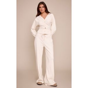 Femme Pantalon droit brossé côtelé crème à taille nouée | Taille 44 - Taille 44