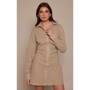Femme Robe chemise cr&egrave;me imprim&eacute; carreaux fronc&eacute;e &agrave; manches longues et boutons | Taille 42 - Taille 42