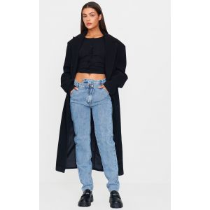 Femme Jean droit coupe longue tr&egrave;s d&eacute;lav&eacute; &agrave; taille asym&eacute;trique Bleu clair d&eacute;lav&eacute; | Taille 36 - Taille 36