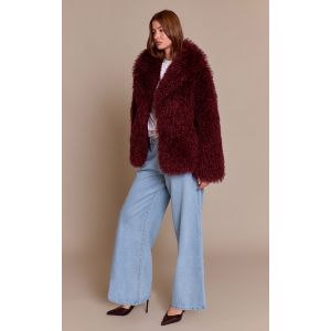 Femme Manteau mi-long en fausse fourrure de Mongolie rouge cerise | Taille Large - Taille L