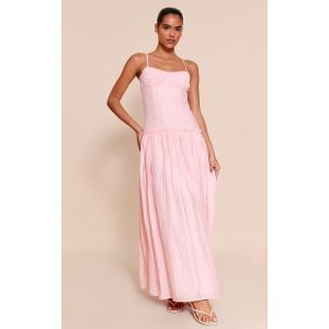 Robe longue rose clair à buste froncé et taille tombante, Rose Clair - Taille 38