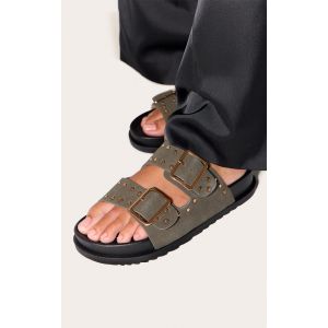 Sandales plates en suédine verte à double boucles, Vert - Taille 36