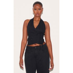 Gilet cache-coeur en jean noir délavé à dos nu, Noir Délavé - Taille 36