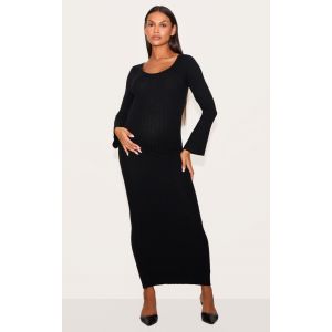 Maternité Robe de grossesse mi-longue en maille tricot noire à col rond, Noir - Taille 34