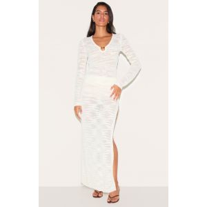 Jupe longue en maille style crochet boule écrue transparente fendue sur le côté, Ecru - Taille M
