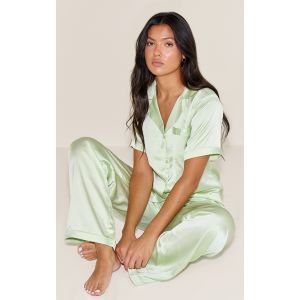 Ensemble de pyjama long satiné pistache à manches courtes, Pistache - Taille S