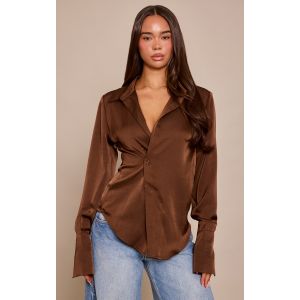 Femme Chemise satin&eacute;e marron &agrave; bouton asym&eacute;trique | Taille 42 - Taille 42