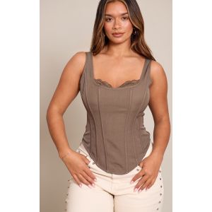 Femme Shape Top corset long noir imprim&eacute; pois &agrave; col carr&eacute; et bordure en dentelle Caf&eacute; au lait | Taille 36 - Taille 36