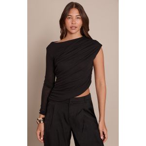 Femme Top en mesh d&eacute;vor&eacute; noir fronc&eacute; &agrave; partie superpos&eacute; et manche unique | Taille 36 - Taille 36