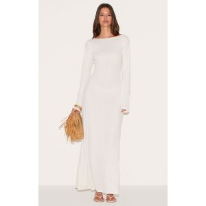 Robe longue moulante texturée blanche à col bateau et manches longues, Blanc - Taille 42