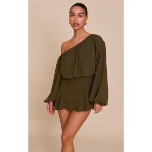 Femme Combishort jupe-short fluide en mousseline de soie vert olive fonc&eacute; &agrave; &eacute;paule d&eacute;nud&eacute;e | Taille 38 - Taille 38
