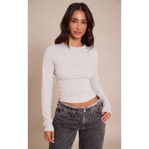 Femme Petite Top long en coton doux gris chiné à col ras et manches longues | Taille 30 - Taille 30