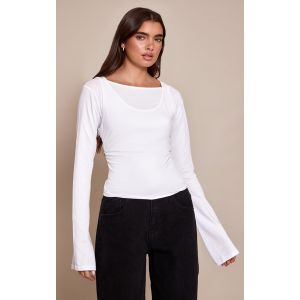 Femme Top en coton blanc à manches longues et partie superposée | Taille 40 - Taille 40