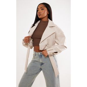 Femme Veste courte style perfecto gris pierre oversize à ourlet ceinturé | Taille 42 - Taille 42