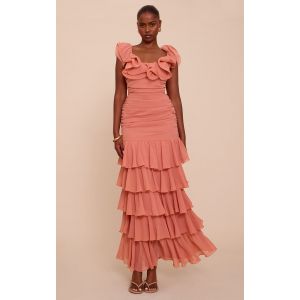 Femme Robe longue en mousseline de soie rose p&acirc;le fronc&eacute;e &agrave; volants | Taille 36 - Taille 36