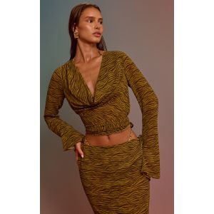 Top de plage cache-coeur en mousseline de soie vert olive imprimé zèbre, Vert Olive - Taille L