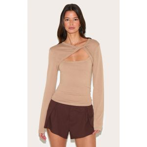 Femme Top en maille fine gris champignon à col torsadé et manches longues | Taille Large - Taille L