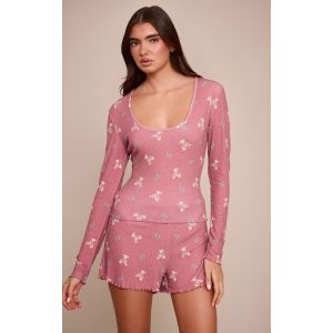 Femme Ensemble de pyjama de Noël top et short en maille pointelle rouge imprimé nounours à manches longues | Taille Large - Taille L
