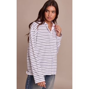 Femme Top en coton noir et blanc ray&eacute; &agrave; col polo et manches longues Noir/Blanc | Taille 42 - Taille 42