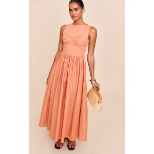 Femme Robe mi-longue en popeline de coton rouille à buste froncé | Taille 38 - Taille 38