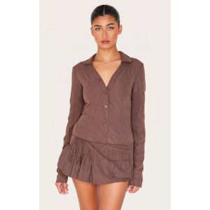 Chemise style cargo en peau de pêche marron foncé à fines rayures et manches longues, Marron foncé - Taille 40