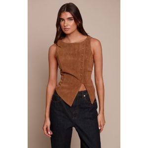Femme Gilet asym&eacute;trique camel en su&eacute;dine &agrave; d&eacute;tails boutonn&eacute;s | Taille 40 - Taille 40