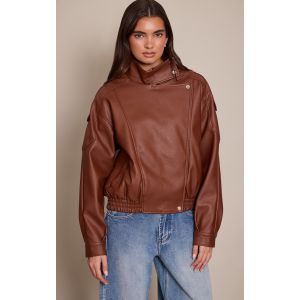 Femme Veste motard en PU marron clair &agrave; col entonnoir | Taille 42 - Taille 42