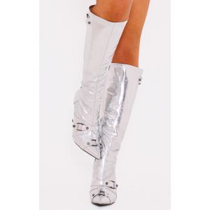 Bottes hautes en PU argenté métallique à détail boucle et talon haut, Argenté - Taille 40