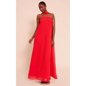Femme Robe bustier droite en mousseline de soie rouge &agrave; d&eacute;tail foulard | Taille 44 - Taille 44