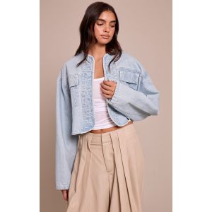 Femme Veste courte en jean bleu clair d&eacute;lav&eacute; &agrave; ourlet incurv&eacute; | Taille 32 - Taille 32