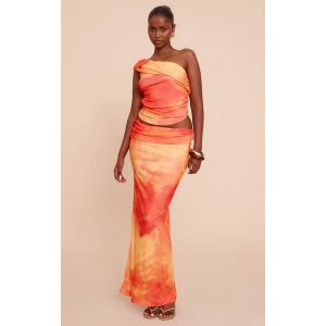 Jupe longue texturée orange imprimé abstrait à taille basse, Orange - Taille 36