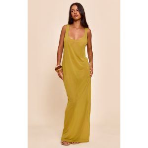 Petite Robe longue droite en mousseline de soie verte, Vert - Taille 36