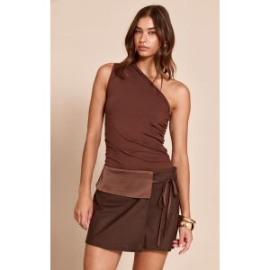 Jupe-short portefeuille satinée chocolat à bande sur la taille, Chocolat - Taille 34