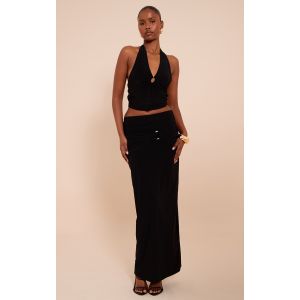 Jupe longue fluide noire à partie froncée, Noir - Taille 42