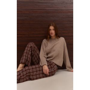 Femme Pantalon décontracté tissé marron imprimé carreaux à cordons ajustables et taille basse | Taille 42 - Taille 42