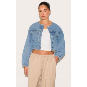 Veste courte en jean bleu moyen délavé à col rond, Bleu Moyen Délavé - Taille 38