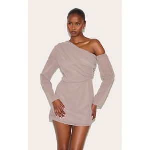 Robe asymétrique ruchée trapèze en mousseline de soie couleur champignon, Gris champignon - Taille 32