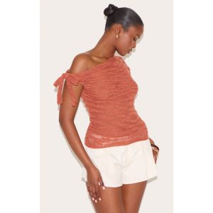 Top en maille style crochet boule rouille transparente à détail noué asymétrique, Rouille - Taille XS