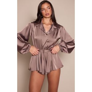 Femme Combishort satin&eacute; caf&eacute; au lait &agrave; manches longues et ceinture | Taille 38 - Taille 38